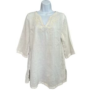 Margaritaville Tunic Blouse‎ Top Sz Medium Women's 3/4 Sleeve 100% Linen Ivory